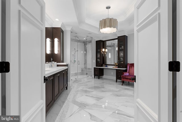 717 Miller Ave, Great Falls, VA 22066 - full bathroom featuring a marble finish shower, two vanities, marble tiled flooring, ornamental molding, and a chandelier