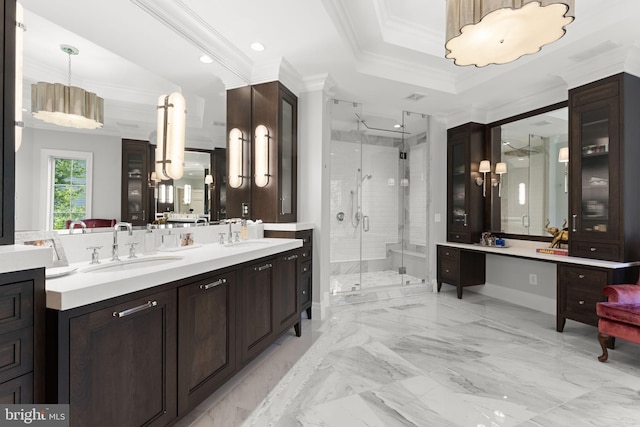 717 Miller Ave, Great Falls, VA 22066 - bathroom featuring a shower stall, two vanities, crown molding, a tray ceiling, and recessed lighting