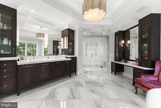 717 Miller Ave, Great Falls, VA 22066 - full bathroom featuring crown molding, a tray ceiling, a stall shower, vanity, and recessed lighting
