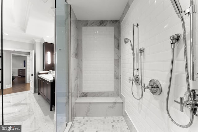717 Miller Ave, Great Falls, VA 22066 - full bathroom featuring a shower stall, vanity, and ornamental molding