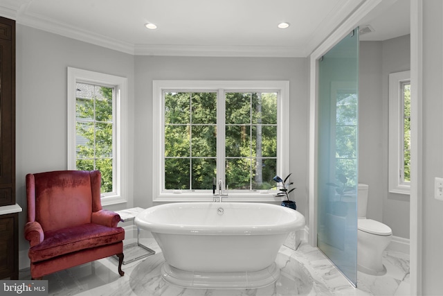 717 Miller Ave, Great Falls, VA 22066 - full bathroom featuring a soaking tub, recessed lighting, marble finish flooring, and crown molding