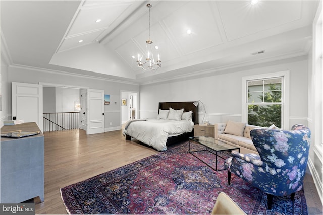 717 Miller Ave, Great Falls, VA 22066 - bedroom featuring a chandelier, wood finished floors, crown molding, and a decorative wall