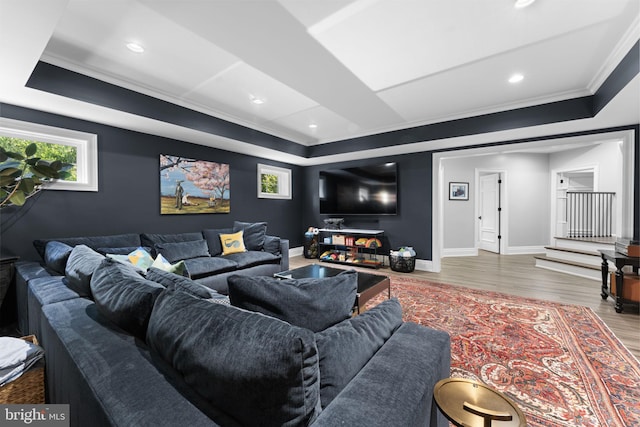 717 Miller Ave, Great Falls, VA 22066 - living room with ornamental molding, wood finished floors, recessed lighting, and a raised ceiling