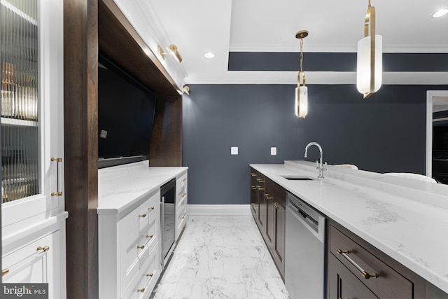 717 Miller Ave, Great Falls, VA 22066 - kitchen featuring stainless steel dishwasher, wine cooler, light marble finish floors, crown molding, and light stone countertops