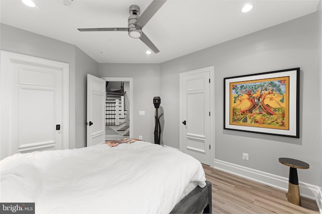 717 Miller Ave, Great Falls, VA 22066 - bedroom featuring light wood-style floors, recessed lighting, and ceiling fan