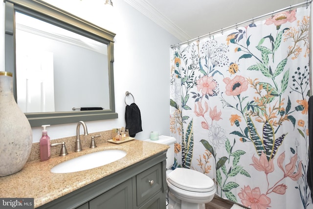 8755 Cather Ave, Manassas, VA 20110 - bathroom featuring vanity, ornamental molding, toilet, and curtained shower