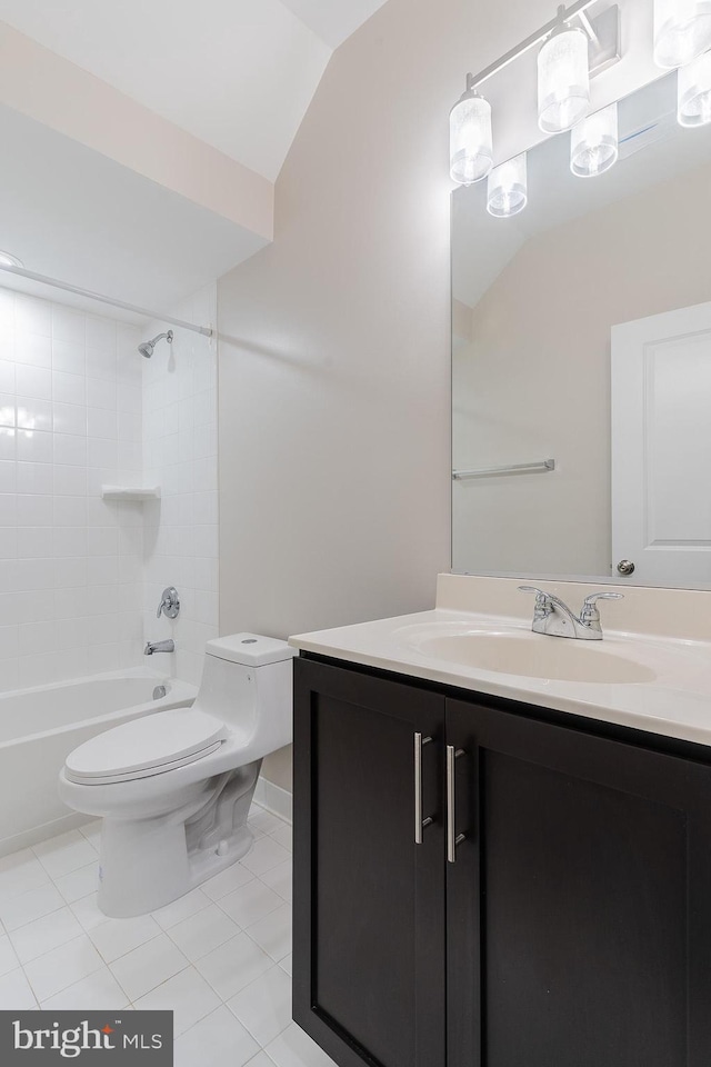 23480 Epperson Sq, Brambleton, VA 20148 - bathroom with vaulted ceiling, toilet, vanity, tile patterned floors, and shower / bathtub combination