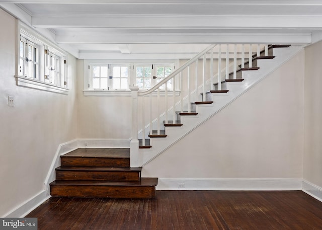 908 Edge Hill Rd, Glenside, PA 19038 - stairway with wood-type flooring, baseboards, and beamed ceiling