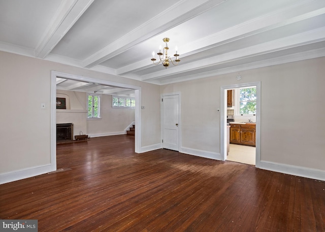 908 Edge Hill Rd, Glenside, PA 19038 - unfurnished living room featuring beam ceiling, stairway, hardwood / wood-style flooring, a chandelier, and a fireplace