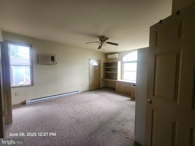 139 W Walnut St, North Wales, PA 19454 - empty room featuring a baseboard heating unit, an AC wall unit, ceiling fan, and light carpet