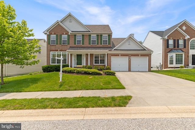 5915 Clear Ridge Rd, Elkridge, MD 21075 - traditional-style house with an attached garage, concrete driveway, brick siding, and a front lawn