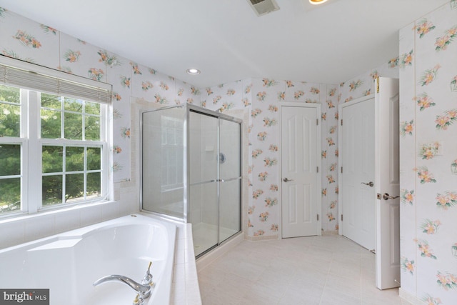 5915 Clear Ridge Rd, Elkridge, MD 21075 - full bath with a shower stall, a garden tub, wallpapered walls, tile patterned flooring, and recessed lighting