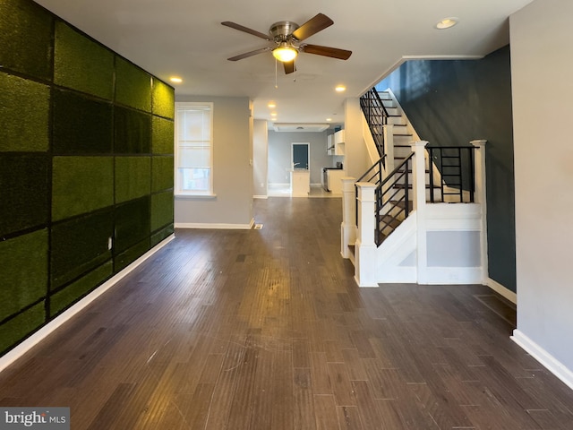 5319 Osage Ave, Philadelphia, PA 19143 - unfurnished living room with ceiling fan, baseboards, dark wood-style floors, stairway, and recessed lighting