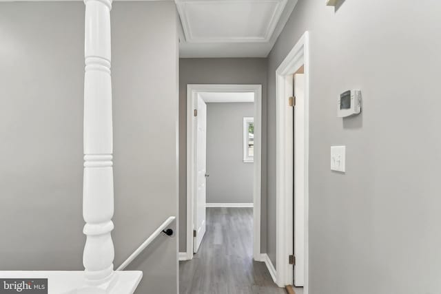 14332 Ferndale Rd, Woodbridge, VA 22193 - hall with wood finished floors, baseboards, and an upstairs landing