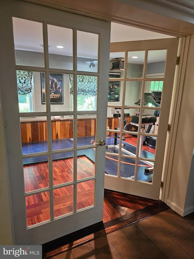 3130 Ashwood Dr, Dunkirk, MD 20754 - doorway to outside featuring french doors and dark wood-type flooring