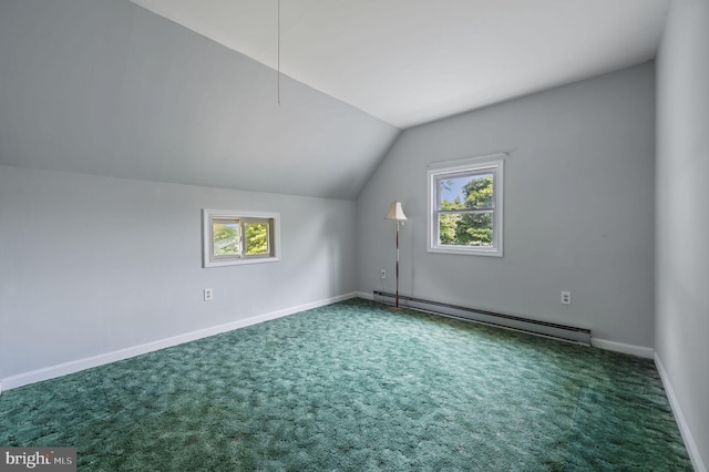 2814 Killens Pond Rd, Harrington, DE 19952 - additional living space with a baseboard radiator, carpet flooring, vaulted ceiling, healthy amount of natural light, and baseboards