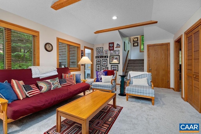 32 Stony Cove Ln, Wintergreen Resort, VA 22967 - carpeted living area with lofted ceiling, a textured ceiling, stairway, and recessed lighting