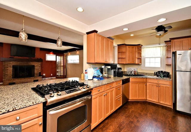 816 Margaret St, Reading, PA 19611 - kitchen featuring appliances with stainless steel finishes, open shelves, light stone counters, plenty of natural light, and recessed lighting