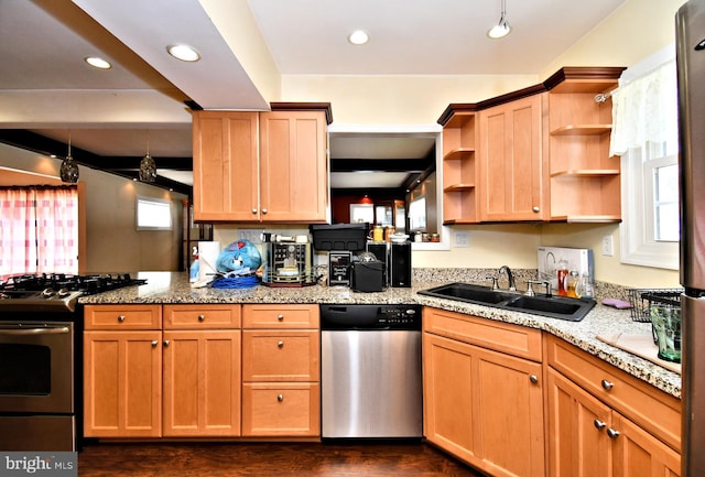 816 Margaret St, Reading, PA 19611 - kitchen with stainless steel appliances, a sink, open shelves, dark wood-type flooring, and recessed lighting