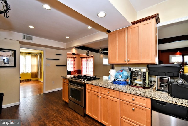 816 Margaret St, Reading, PA 19611 - kitchen featuring stainless steel appliances, baseboards, light stone countertops, dark wood-type flooring, and recessed lighting