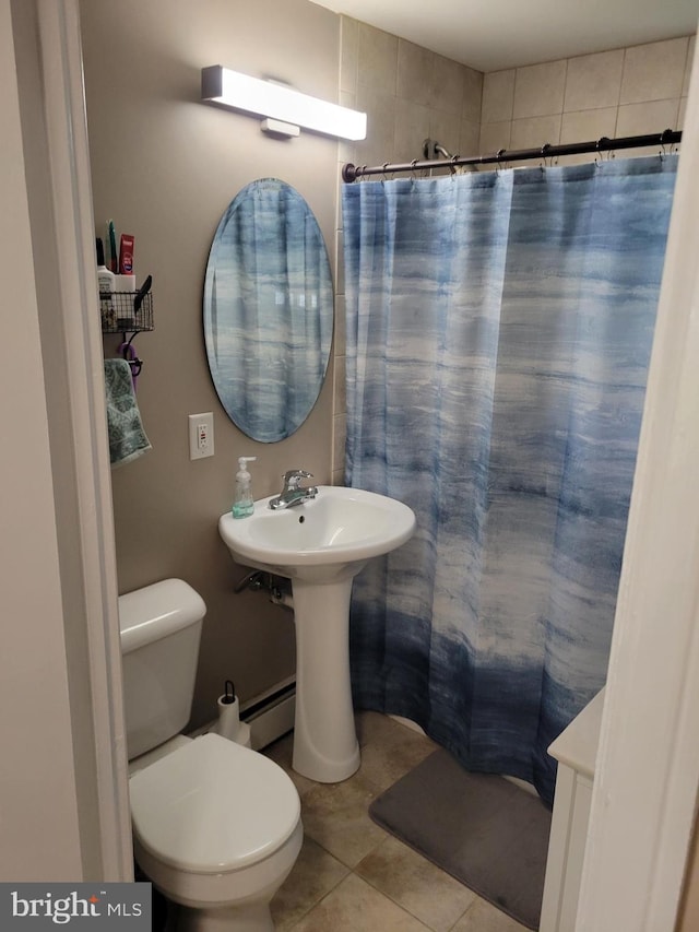 424 Exton Rd, Hatboro, PA 19040 - bathroom featuring toilet, tile patterned floors, curtained shower, and baseboard heating