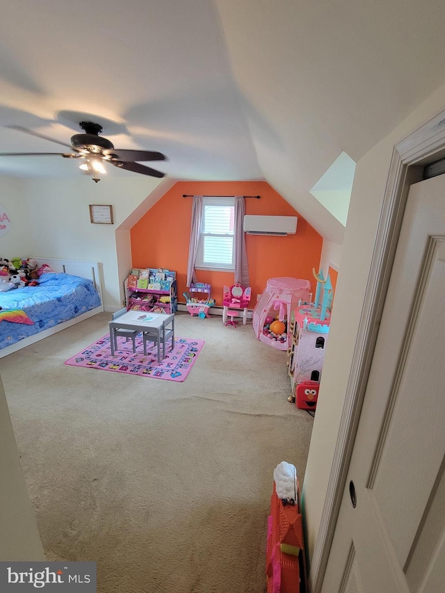424 Exton Rd, Hatboro, PA 19040 - recreation room with a wall mounted air conditioner, carpet flooring, vaulted ceiling, and a ceiling fan