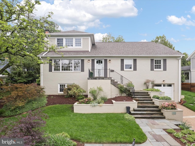 3725 N Delaware St, Arlington, VA 22207 - view of front of property featuring a chimney, a garage, a front lawn, and stairway