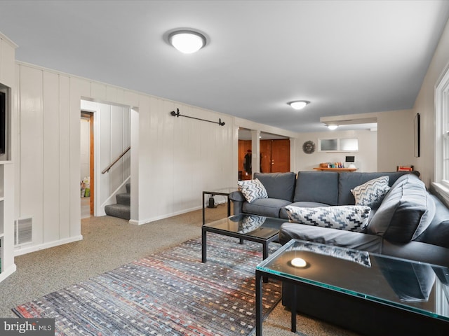 3725 N Delaware St, Arlington, VA 22207 - living room featuring carpet flooring, stairs, and baseboards