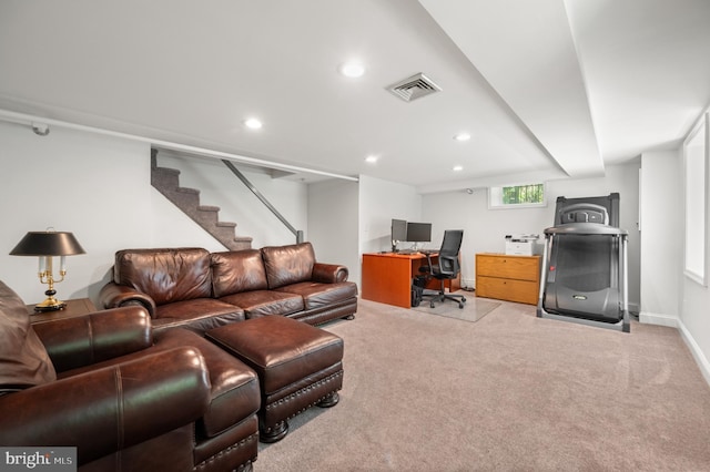 653 Broad Acres Rd, Penn Valley, PA 19072 - carpeted living area featuring stairway, an office area, recessed lighting, and baseboards