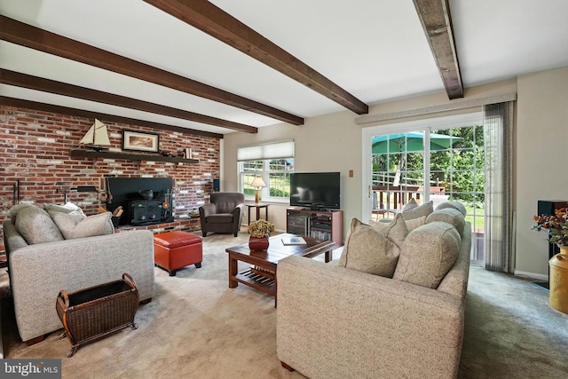 3382 Flint Hill Pl, Woodbridge, VA 22192 - living room with light carpet, a wood stove, and beamed ceiling