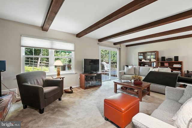 3382 Flint Hill Pl, Woodbridge, VA 22192 - carpeted living area with beamed ceiling and baseboards