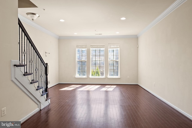 817 Fair Winds Way Unit 290, Oxon Hill, MD 20745 - unfurnished living room featuring baseboards, stairs, dark wood finished floors, crown molding, and recessed lighting