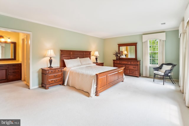 9111 Oak Chase Ct, Fairfax Station, VA 22039 - bedroom with light colored carpet, crown molding, and ensuite bathroom