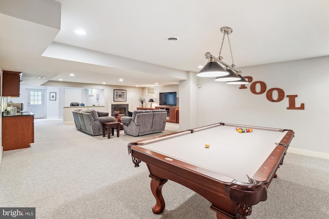 9111 Oak Chase Ct, Fairfax Station, VA 22039 - game room with light carpet, recessed lighting, billiards table, and a fireplace