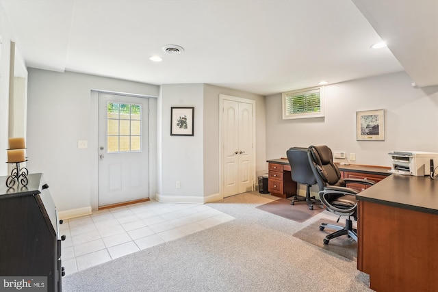 9111 Oak Chase Ct, Fairfax Station, VA 22039 - home office with light tile patterned floors, recessed lighting, and light carpet