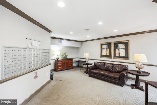 3851 Aristotle Ct Unit 1-412, Fairfax, VA 22030 - living room with light colored carpet, ornamental molding, recessed lighting, and mail area