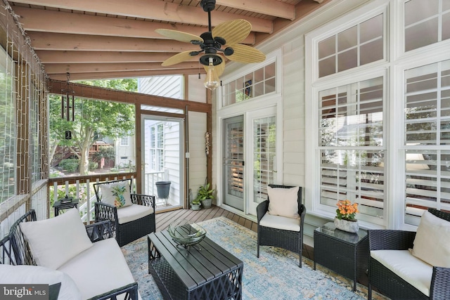 6321 Wilmington Dr, Burke, VA 22015 - sunroom / solarium featuring an outdoor living space, beamed ceiling, and a ceiling fan