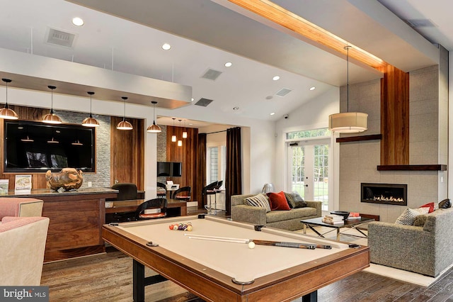 11 Inglenook Ct, Glen Burnie, MD 21060 - playroom with wood finished floors, billiards table, a fireplace, recessed lighting, and high vaulted ceiling