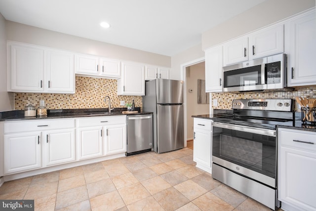 3134 Borge St, Oakton, VA 22124 - kitchen with stainless steel appliances, backsplash, white cabinetry, and recessed lighting