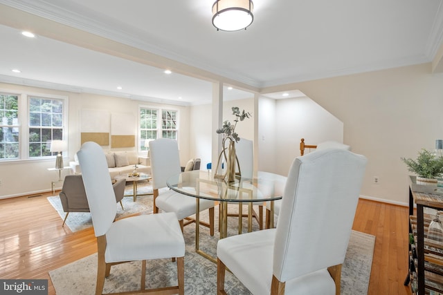 3134 Borge St, Oakton, VA 22124 - dining room featuring ornamental molding, light wood-type flooring, and recessed lighting