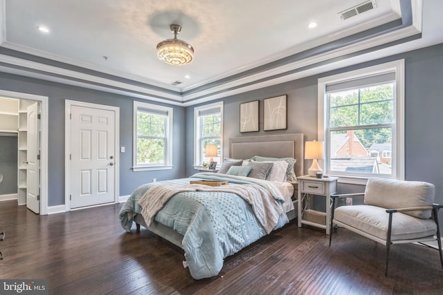 3112 Lancer Dr, Hyattsville, MD 20782 - bedroom with a tray ceiling, dark wood finished floors, ornamental molding, and recessed lighting