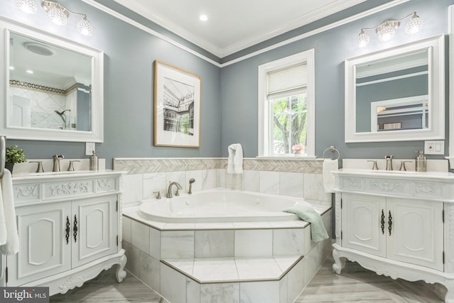 3112 Lancer Dr, Hyattsville, MD 20782 - full bathroom with two vanities, a bath, and ornamental molding