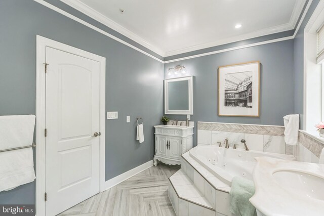 3112 Lancer Dr, Hyattsville, MD 20782 - full bathroom featuring crown molding, vanity, and a jetted tub