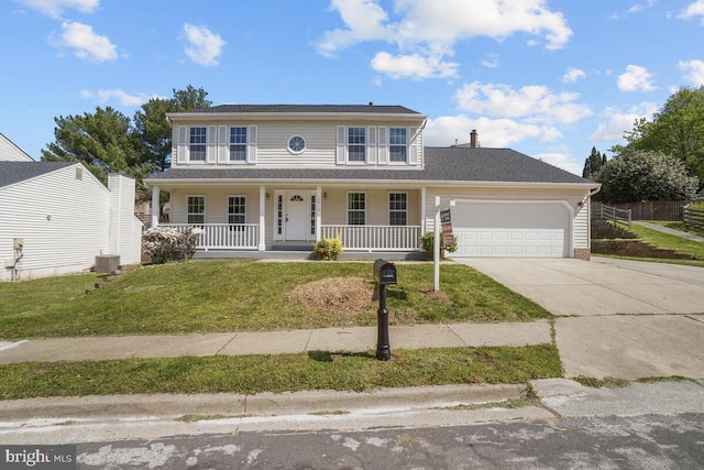 13017 Broadmore, Silver Spring, MD 20904 - colonial house with a porch, concrete driveway, an attached garage, a front yard, and central air condition unit