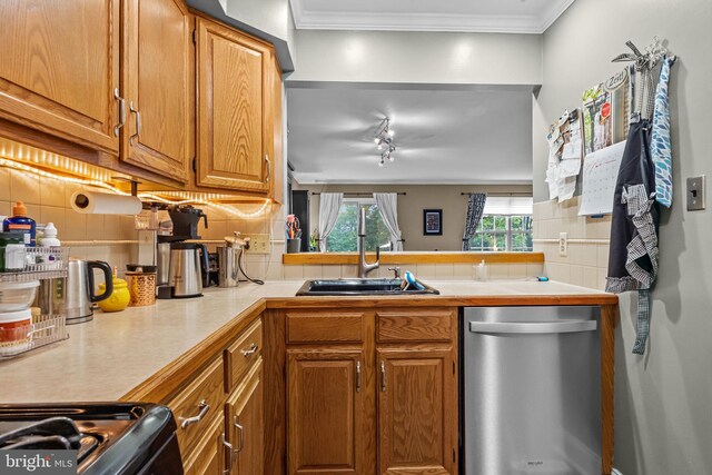 48 Deer Run Rd, Perkasie, PA 18944 - kitchen featuring dishwasher, a sink, light countertops, decorative backsplash, and brown cabinets