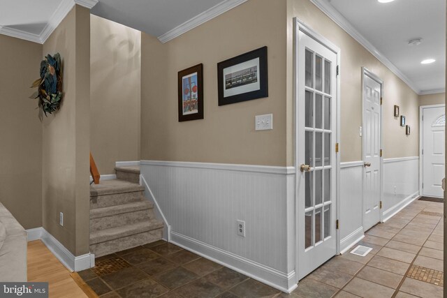 48 Deer Run Rd, Perkasie, PA 18944 - hall featuring crown molding, a wainscoted wall, stairs, recessed lighting, and tile patterned floors