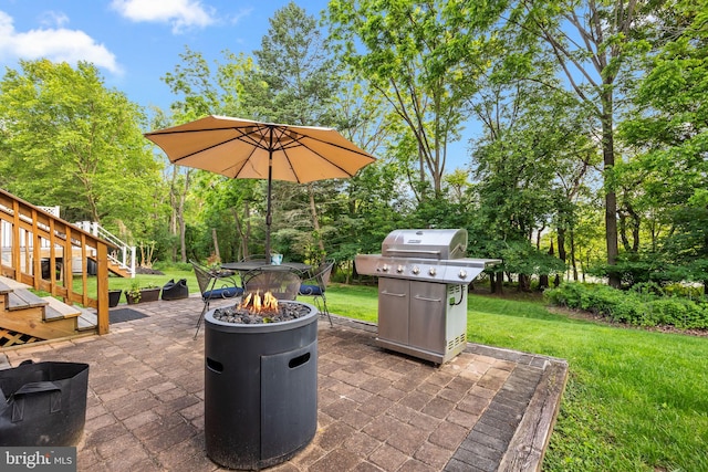 48 Deer Run Rd, Perkasie, PA 18944 - view of patio featuring an outdoor fire pit, grilling area, view of wooded area, and stairs