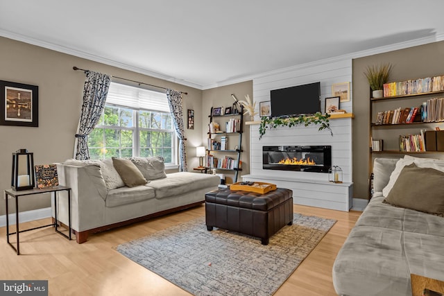 48 Deer Run Rd, Perkasie, PA 18944 - living room featuring crown molding, light wood-style flooring, and a fireplace