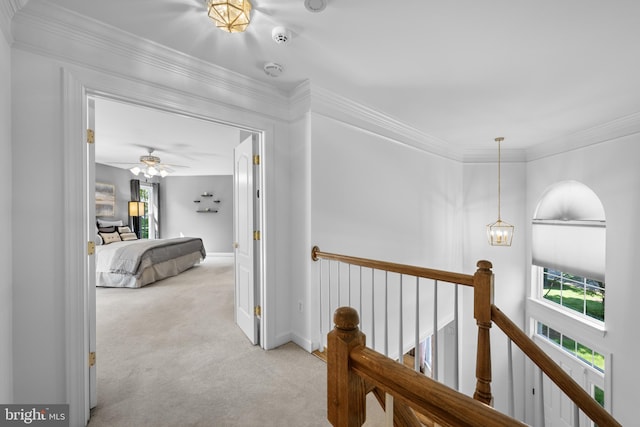 18722 Timoney Ct, Leesburg, VA 20176 - hall with an upstairs landing, light colored carpet, ornamental molding, and baseboards
