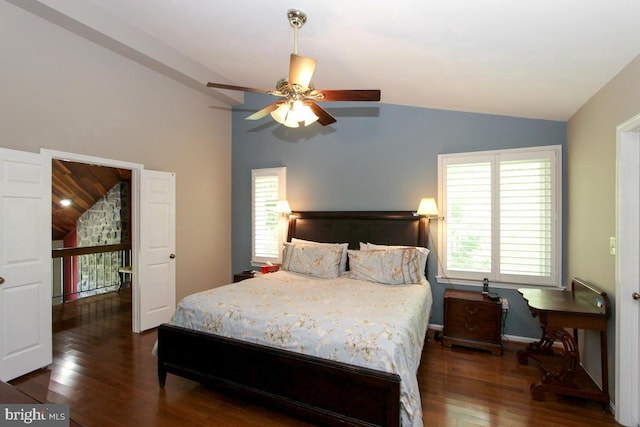 11409 Flints Grove Ln, North Potomac, MD 20878 - bedroom featuring lofted ceiling, wood finished floors, multiple windows, and a ceiling fan